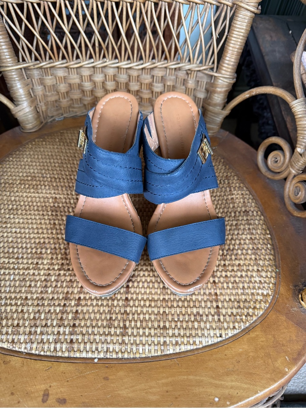 Tommy Hilfiger Navy Blue Leather Slide Mules